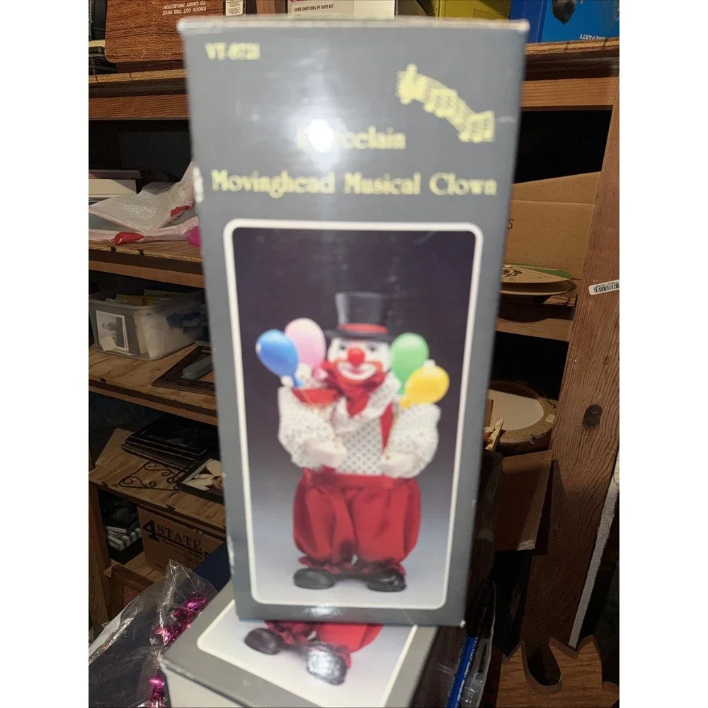 New!! Vintage w /Tag PORCELAIN Wind up Animated Musical Clown Balloons TOY